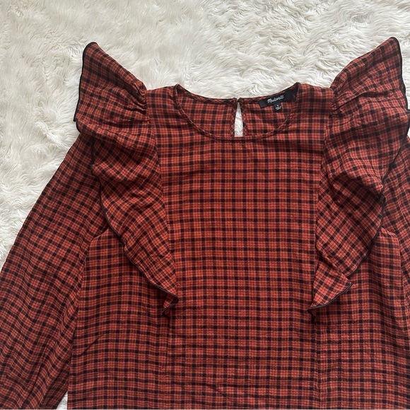 Madewell Blouse Ruffle-Front Top in Plaid Warren Check Faded Rust S - Picture 6 of 13